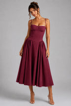 Cherry Lacquer Women's Corset Midi Dress with Lace-Up Back & Full Skirt - Front Closeup