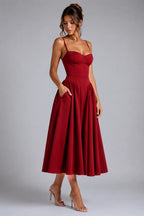Cherry Lacquer Women's Corset Midi Dress with Lace-Up Back & Full Skirt