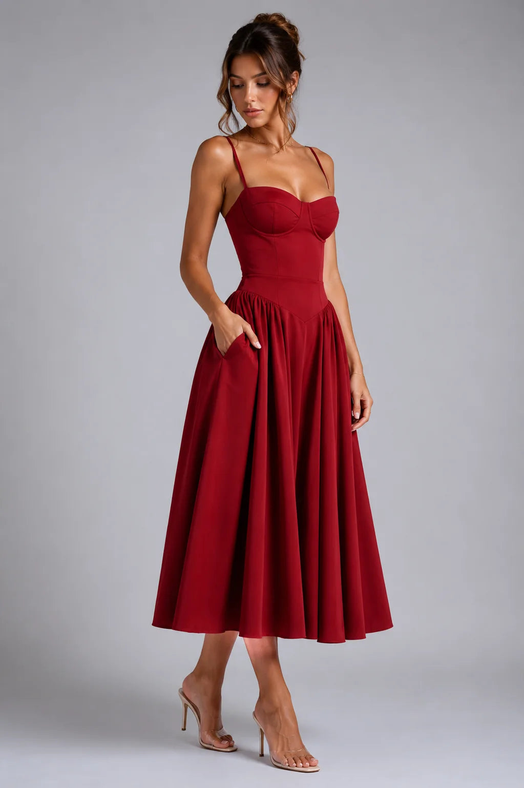 Cherry Lacquer Women's Corset Midi Dress with Lace-Up Back & Full Skirt