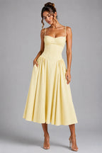Lemon Women's Corset Midi Dress with Lace-Up Back & Full Skirt