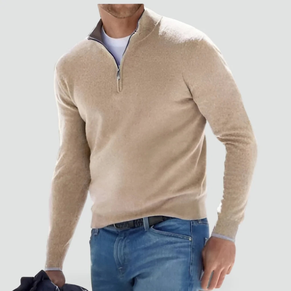 Beige Men's Cotton Quarter Zip Sweater with Ribbed Cuffs & Relaxed Fit