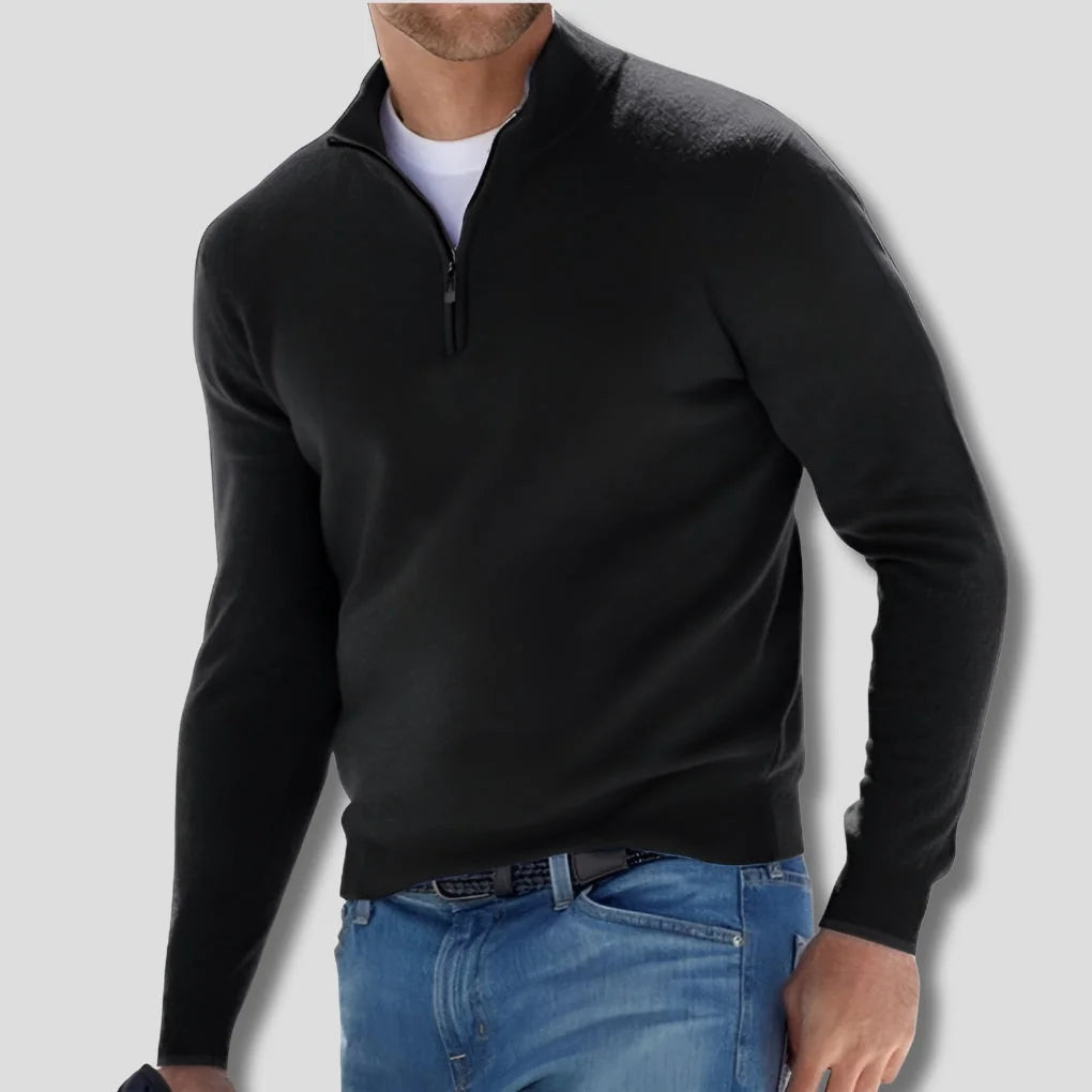 Black Men's Cotton Quarter Zip Sweater with Ribbed Cuffs & Relaxed Fit