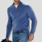 Blue Men's Cotton Quarter Zip Sweater with Ribbed Cuffs & Relaxed Fit