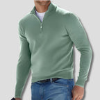 Green Men's Cotton Quarter Zip Sweater with Ribbed Cuffs & Relaxed Fit