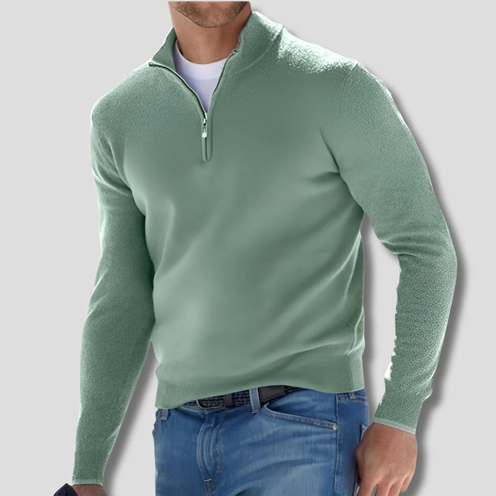 Green Men's Cotton Quarter Zip Sweater with Ribbed Cuffs & Relaxed Fit