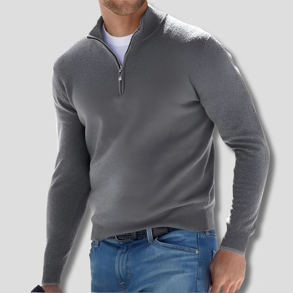 Grey Men's Cotton Quarter Zip Sweater with Ribbed Cuffs & Relaxed Fit — Julian