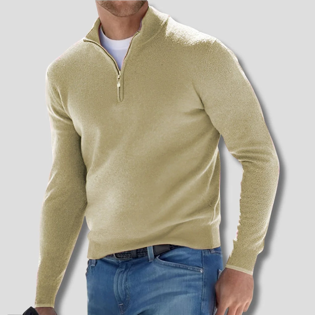Light Green Men's Cotton Quarter Zip Sweater with Ribbed Cuffs & Relaxed Fit — Julian - Front Relaxed