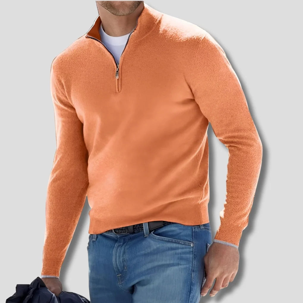 Orange Men's Cotton Quarter Zip Sweater with Ribbed Cuffs & Relaxed Fit