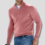 Pink Men's Cotton Quarter Zip Sweater with Ribbed Cuffs & Relaxed Fit