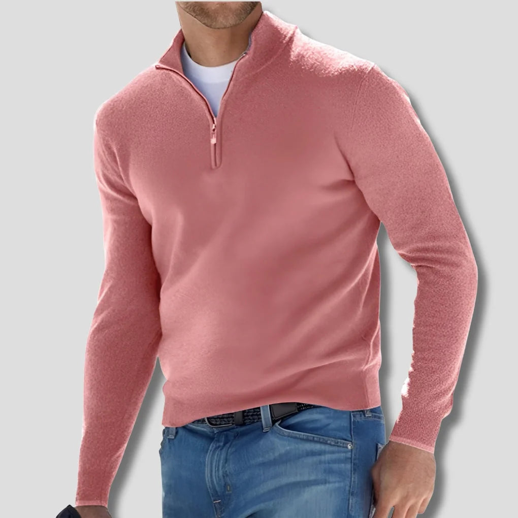 Pink Men's Cotton Quarter Zip Sweater with Ribbed Cuffs & Relaxed Fit