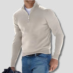 White Men's Cotton Quarter Zip Sweater with Ribbed Cuffs & Relaxed Fit — Julian