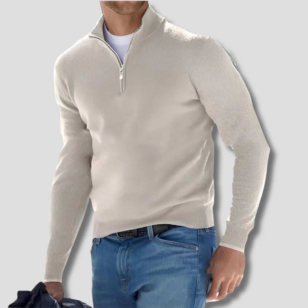 White Men's Cotton Quarter Zip Sweater with Ribbed Cuffs & Relaxed Fit — Julian