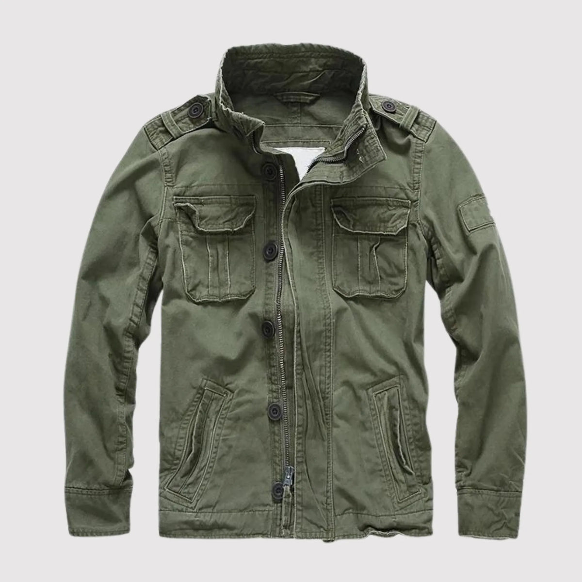 Dark Green Men's Cotton Twill Denim Jacket with Flap Pockets - Front Full