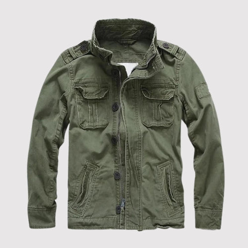 Dark Green Men's Cotton Twill Denim Jacket with Flap Pockets - Front Full