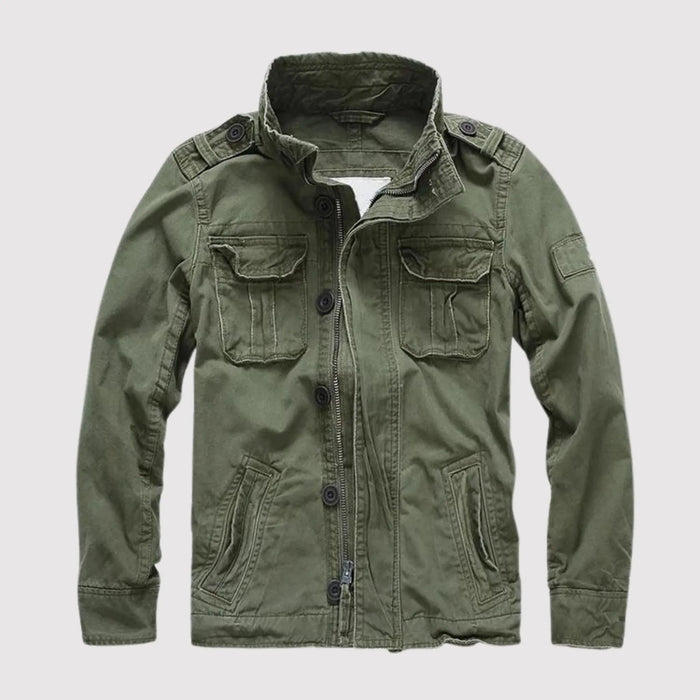 Dark Green Men's Cotton Twill Denim Jacket with Flap Pockets - Front Full