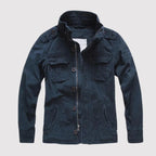 Dark Blue Men's Cotton Twill Denim Jacket with Flap Pockets - Front Open