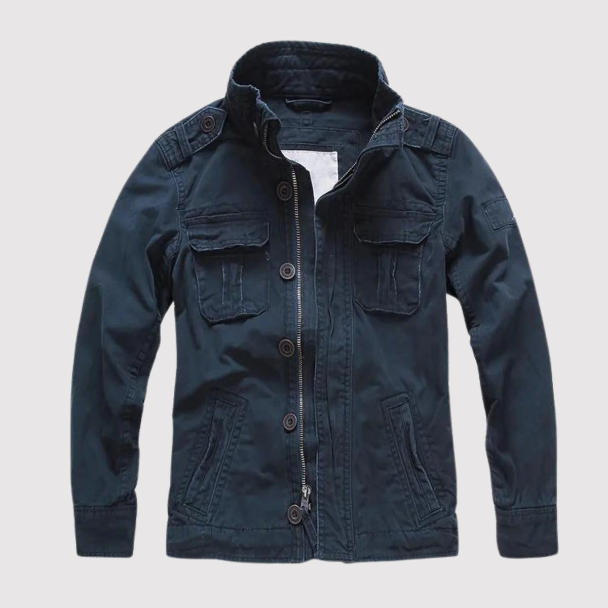 Dark Blue Men's Cotton Twill Denim Jacket with Flap Pockets - Front Open