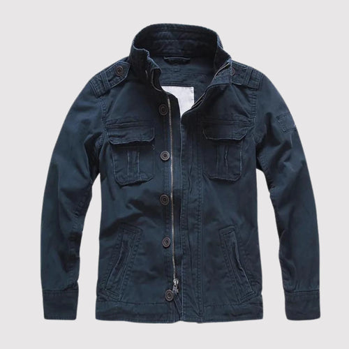 Dark Blue Men's Cotton Twill Denim Jacket with Flap Pockets - Front Open