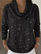 Black Women's Cowl Neck Shimmer Sweater with Long Sleeves & Relaxed Fit