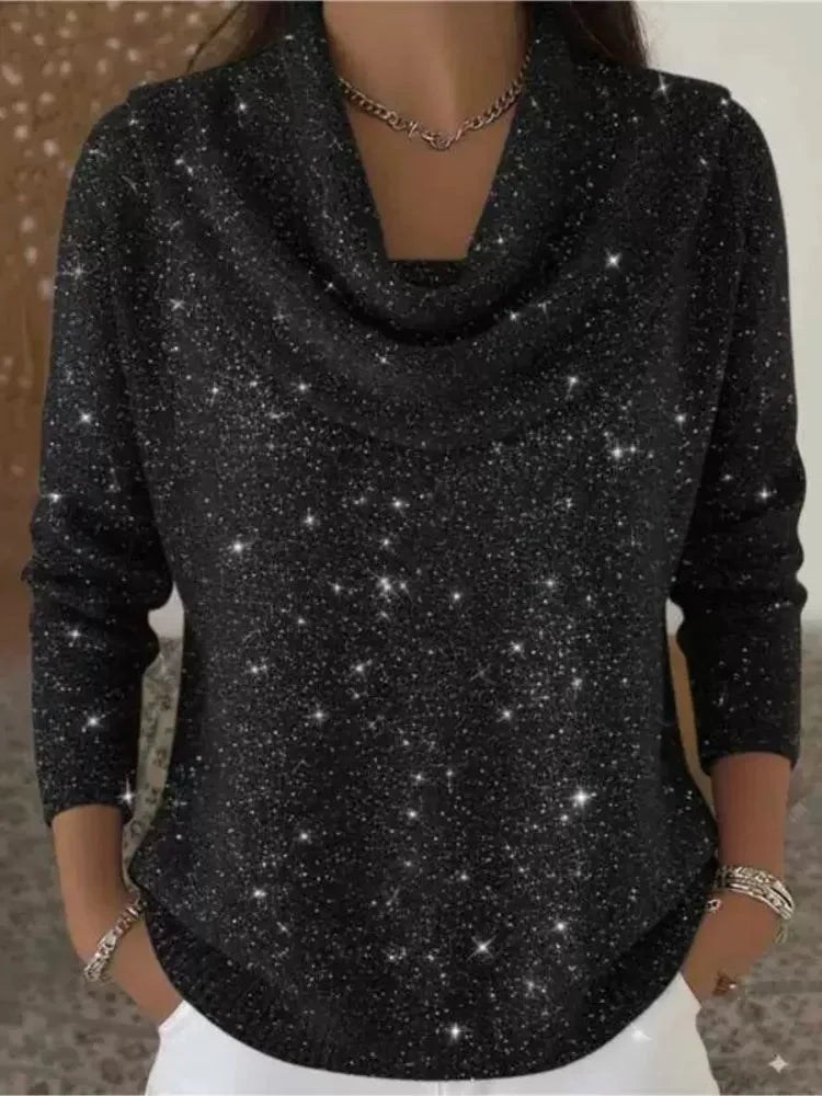 Black Women's Cowl Neck Shimmer Sweater with Long Sleeves & Relaxed Fit