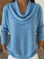 Blue Women's Cowl Neck Shimmer Sweater with Long Sleeves & Relaxed Fit