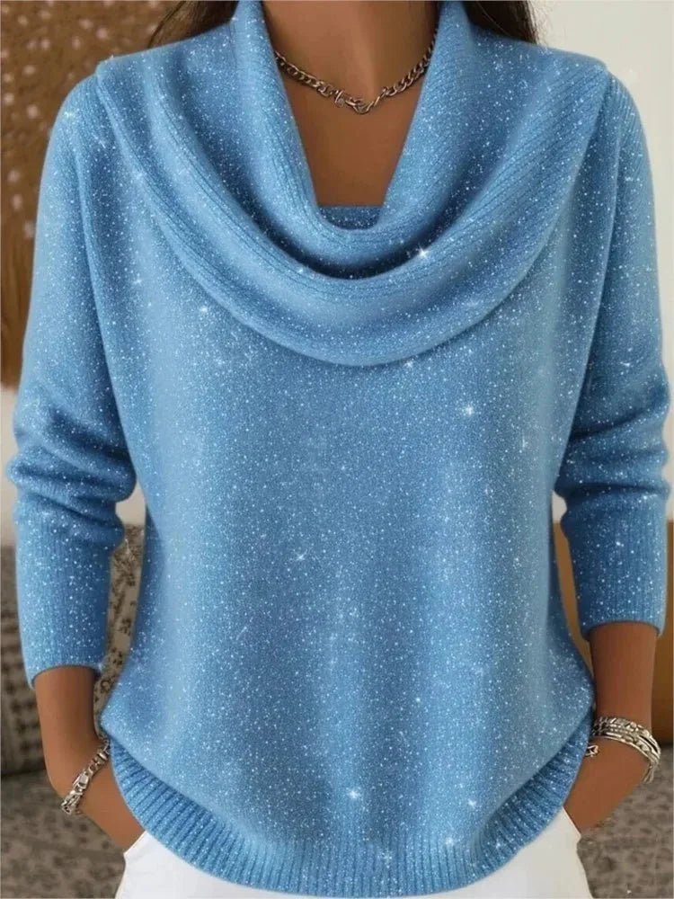 Blue Women's Cowl Neck Shimmer Sweater with Long Sleeves & Relaxed Fit