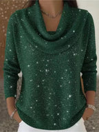 Green Women's Cowl Neck Shimmer Sweater with Long Sleeves & Relaxed Fit