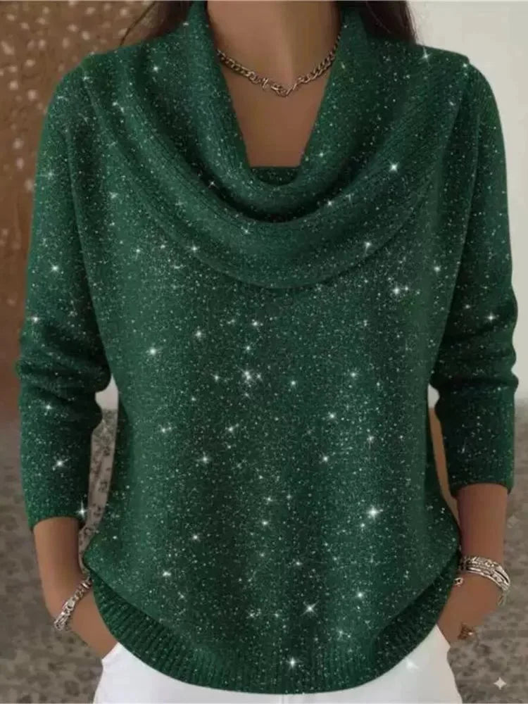 Green Women's Cowl Neck Shimmer Sweater with Long Sleeves & Relaxed Fit