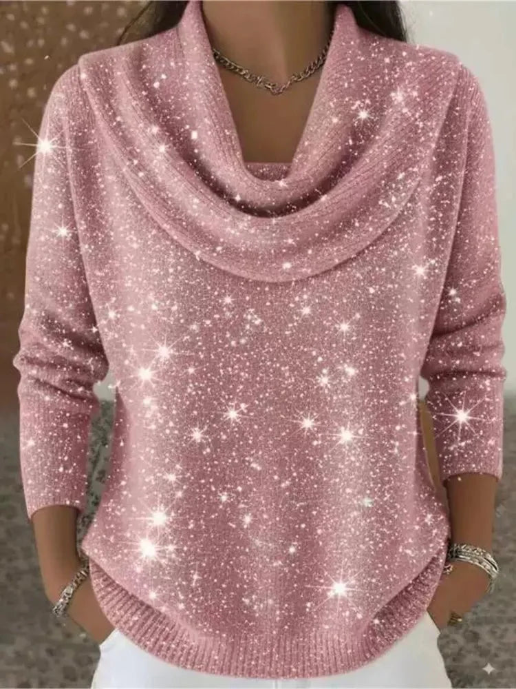 Pink Women's Cowl Neck Shimmer Sweater with Long Sleeves & Relaxed Fit