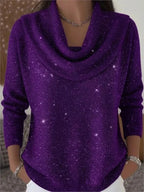 Purple Women's Cowl Neck Shimmer Sweater with Long Sleeves & Relaxed Fit