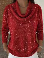 Red Women's Cowl Neck Shimmer Sweater with Long Sleeves & Relaxed Fit