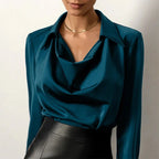 Blue Women's Cowl Neck Silk Blouse — Rhea Satin Long Sleeve Workwear - Front Detail