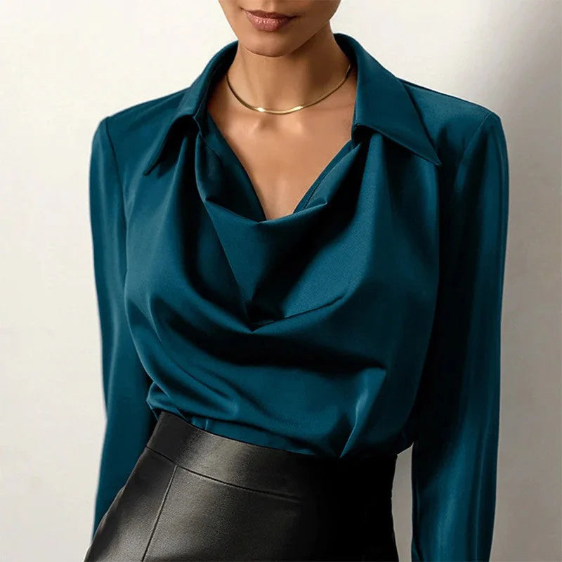 Blue Women's Cowl Neck Silk Blouse — Rhea Satin Long Sleeve Workwear - Front Detail