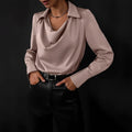 Khaki Women's Cowl Neck Silk Blouse — Rhea Satin Long Sleeve Workwear - Front Pose