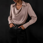 Khaki Women's Cowl Neck Silk Blouse — Rhea Satin Long Sleeve Workwear - Front Pose