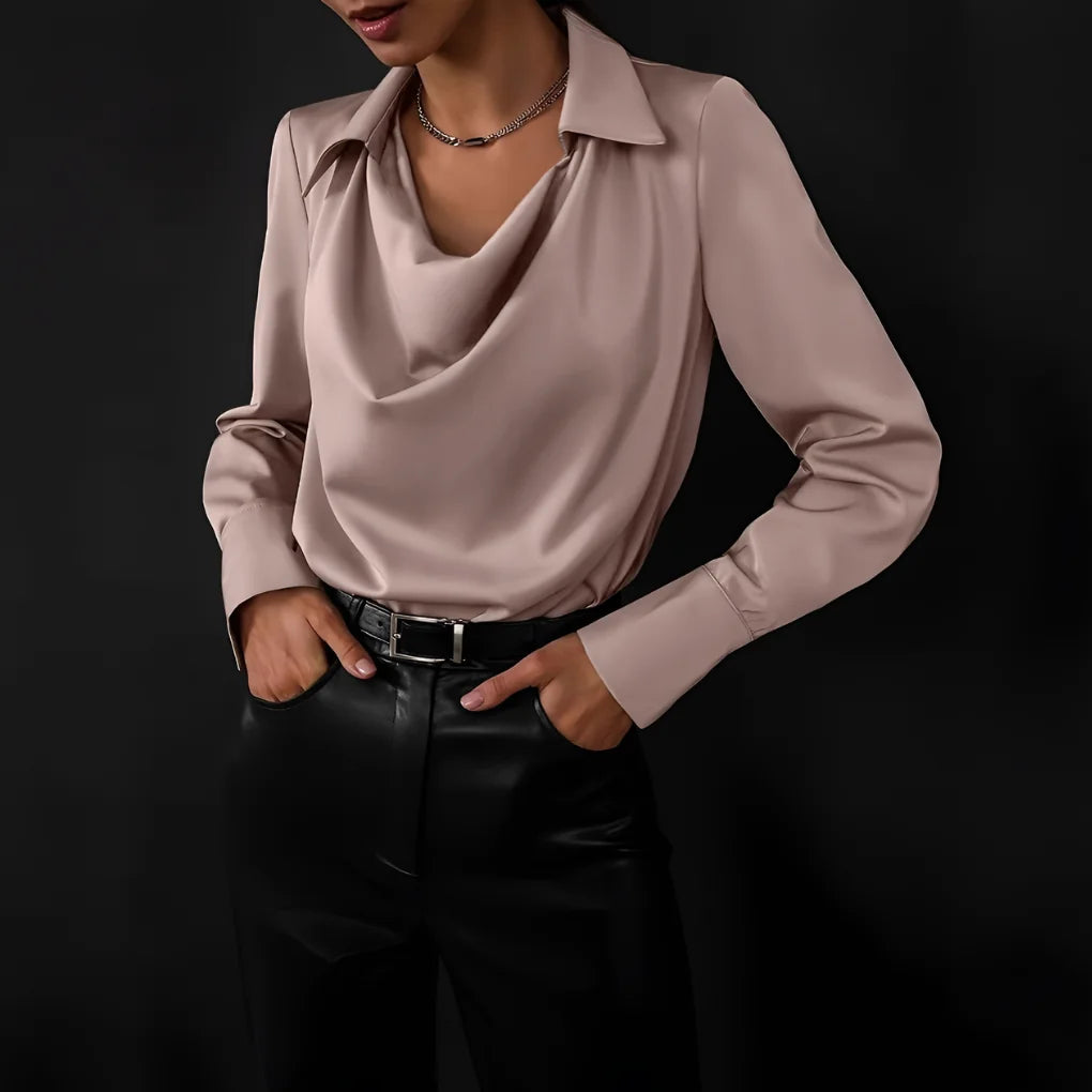 Khaki Women's Cowl Neck Silk Blouse — Rhea Satin Long Sleeve Workwear - Front Pose