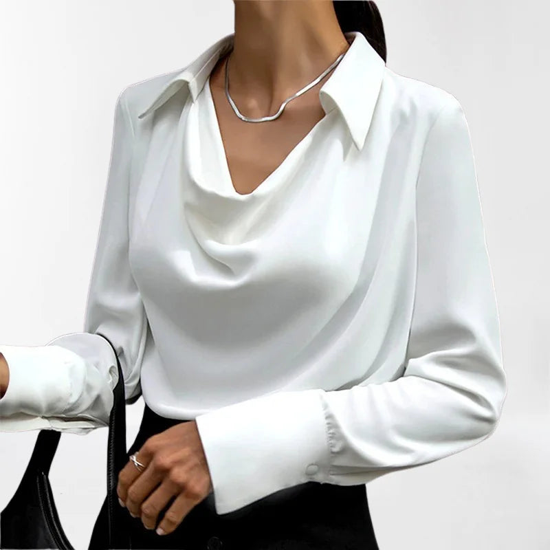 White Women's Cowl Neck Silk Blouse — Rhea Satin Long Sleeve Workwear - Close Up Neckline