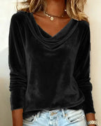 Black Women's Velvet Blouse with Cowl Neckline & Long Sleeves — Sofia