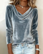 Blue Women's Velvet Blouse with Cowl Neckline & Long Sleeves — Sofia - Front Close