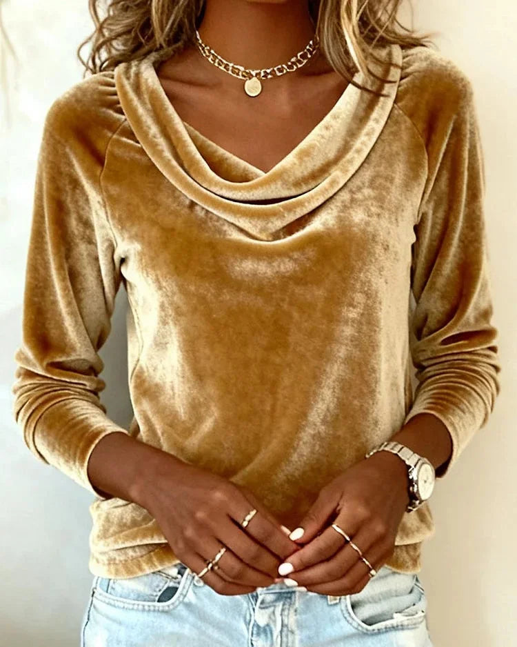 Women's Velvet Blouse with Cowl Neckline & Long Sleeves - Hands Clasped