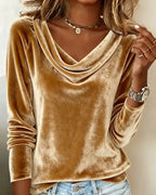 Gold Women's Velvet Blouse with Cowl Neckline & Long Sleeves — Sofia