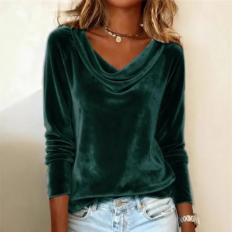 Green Women's Velvet Blouse with Cowl Neckline & Long Sleeves — Sofia