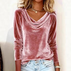 Pink Women's Velvet Blouse with Cowl Neckline & Long Sleeves — Sofia
