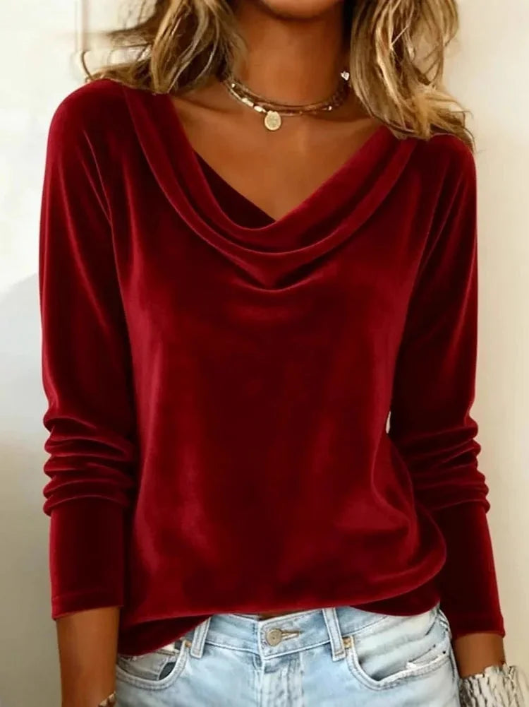 Red Women's Velvet Blouse with Cowl Neckline & Long Sleeves — Sofia