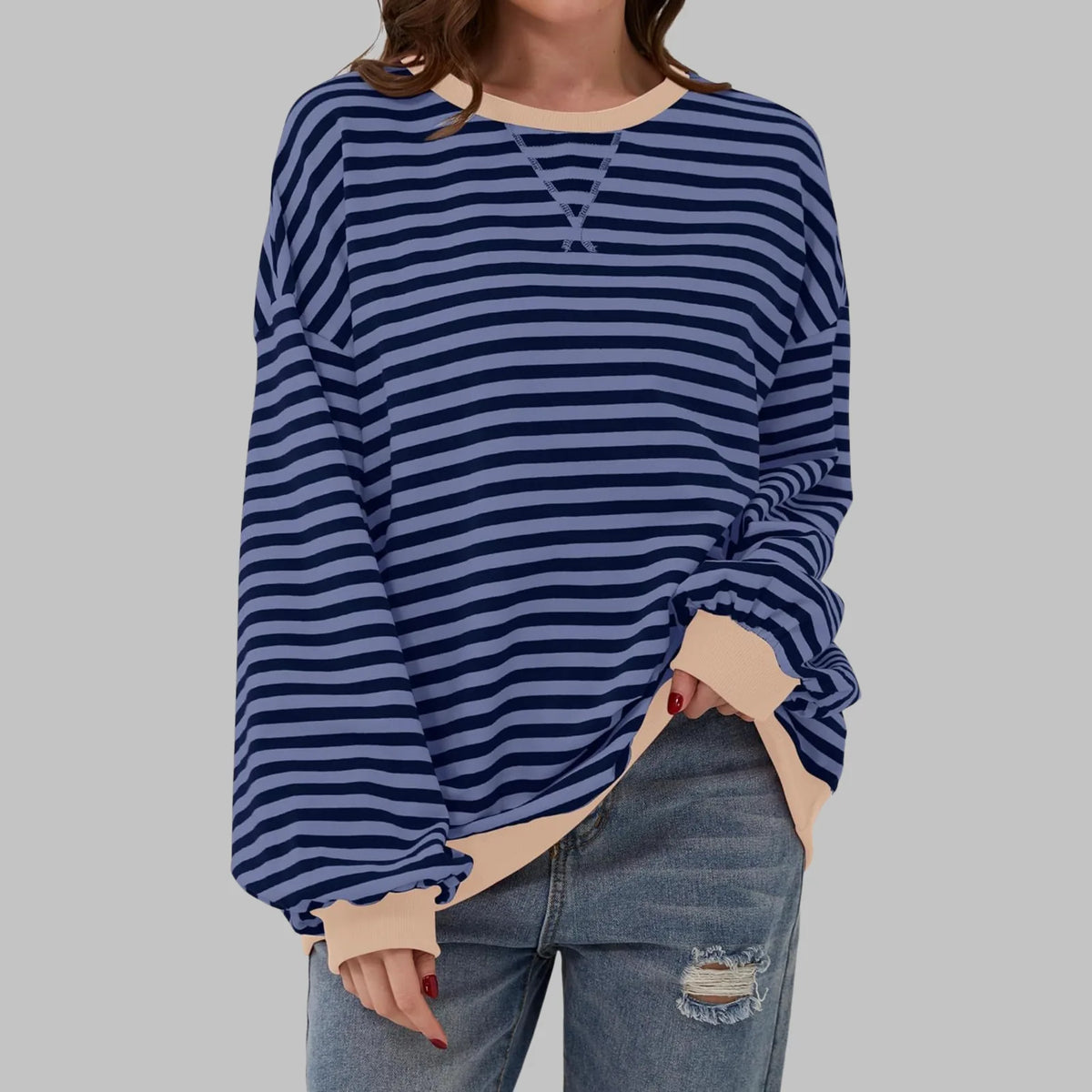 Blue Men's Striped Sweatshirt with Oversized Fit & Ribbed Trim