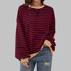 Burgundy Men's Striped Sweatshirt with Oversized Fit & Ribbed Trim