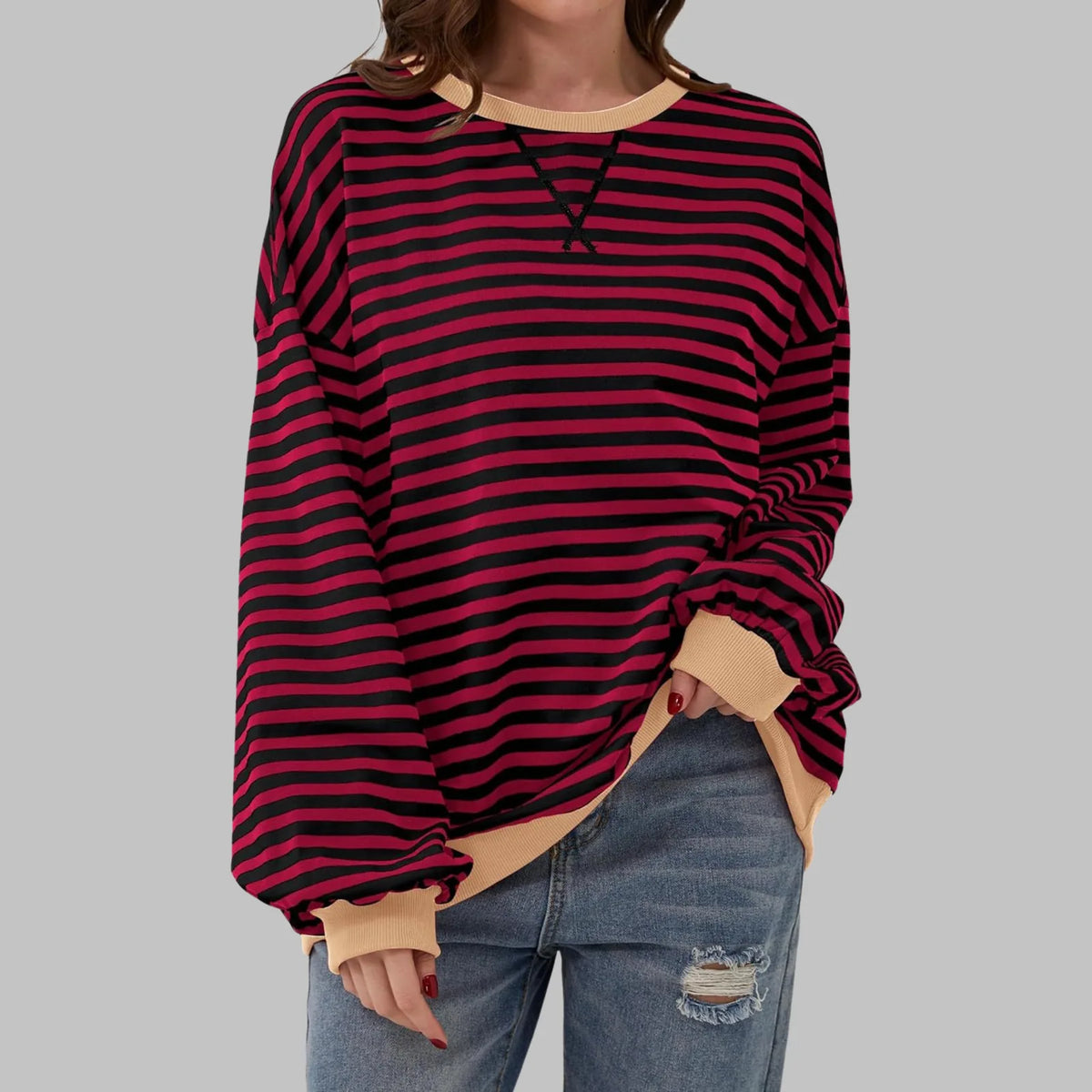 Burgundy Men's Striped Sweatshirt with Oversized Fit & Ribbed Trim
