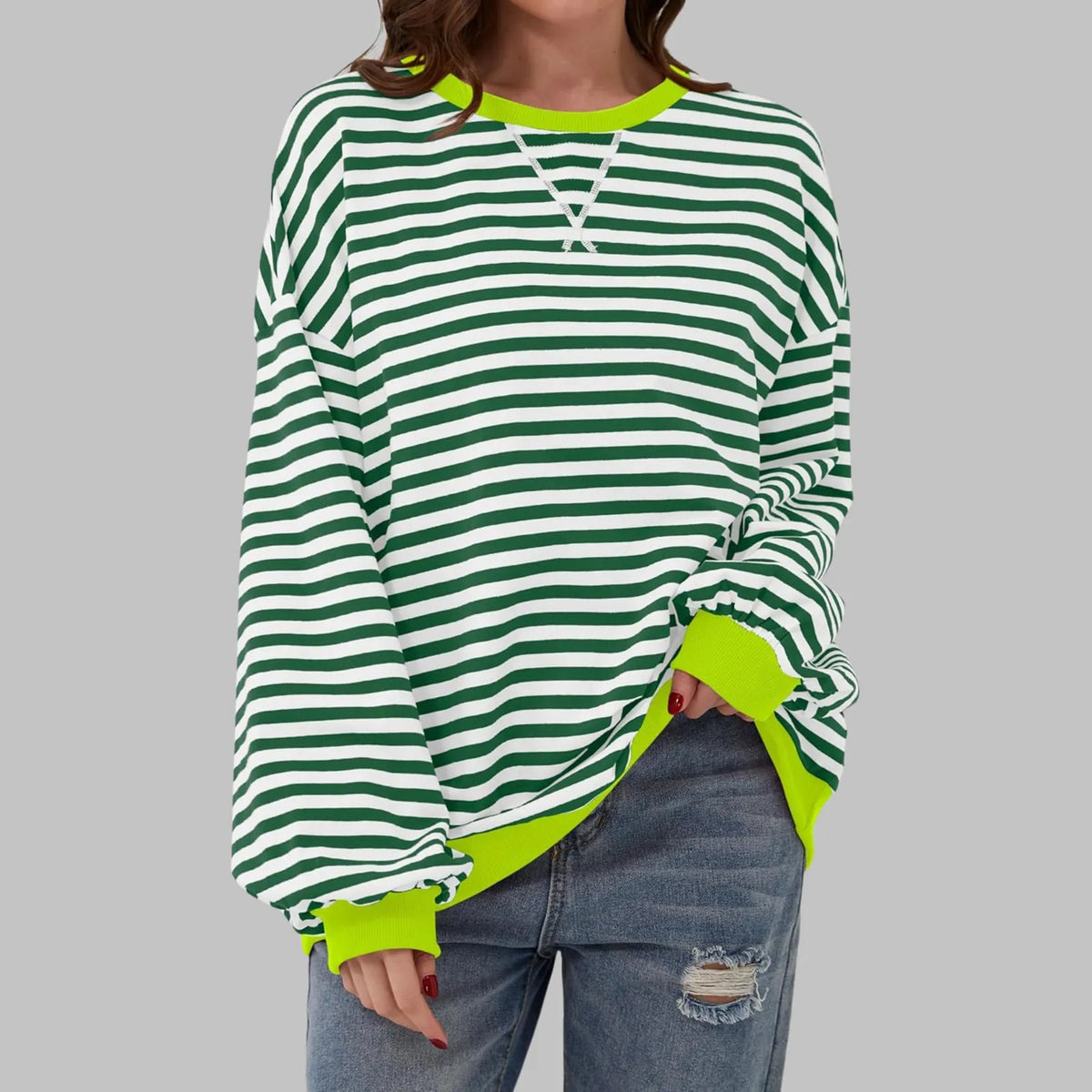 Dark Green Men's Striped Sweatshirt with Oversized Fit & Ribbed Trim - Front Shot