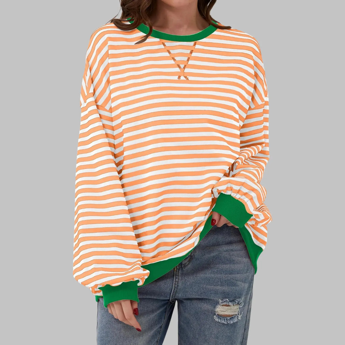 Light Orange Men's Striped Sweatshirt with Oversized Fit & Ribbed Trim