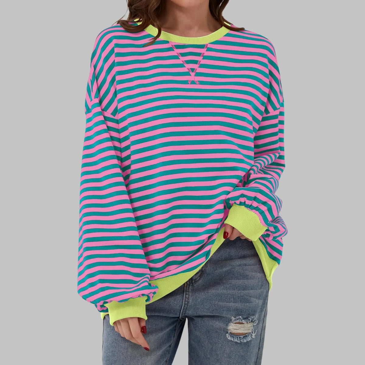 Pink Men's Striped Sweatshirt with Oversized Fit & Ribbed Trim